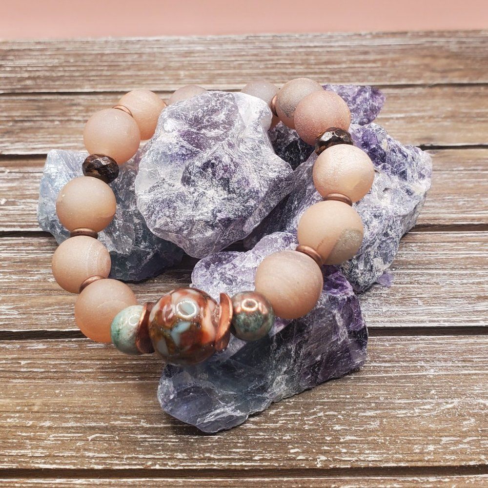 Druzy Agate, Bronzite, Copper, Raku, and Lampwork Beaded Bracelet